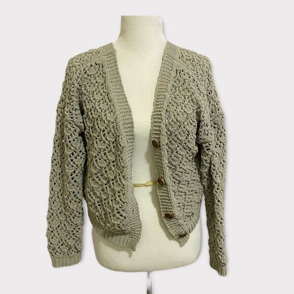 Sage Olive Green Chunky Cottagecore Knit Midi Boho Chic Button Front Cardigan - Picture 5 of 8